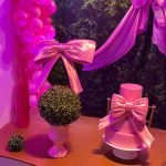 Decoração de aniversário infantil rosa com laços, bolo decorativo, vasos e gaiolas ornamentais.