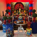 Vista lateral da decoração de aniversário dos Vingadores com personagens da Marvel, balões coloridos e mesas decoradas 3